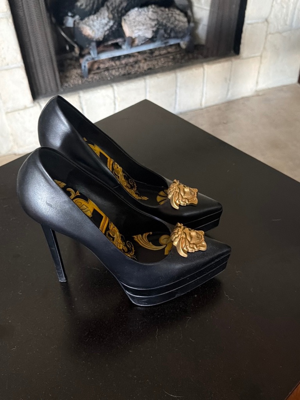 Authentic Versace Black & Gold Medusa Platform Pumps